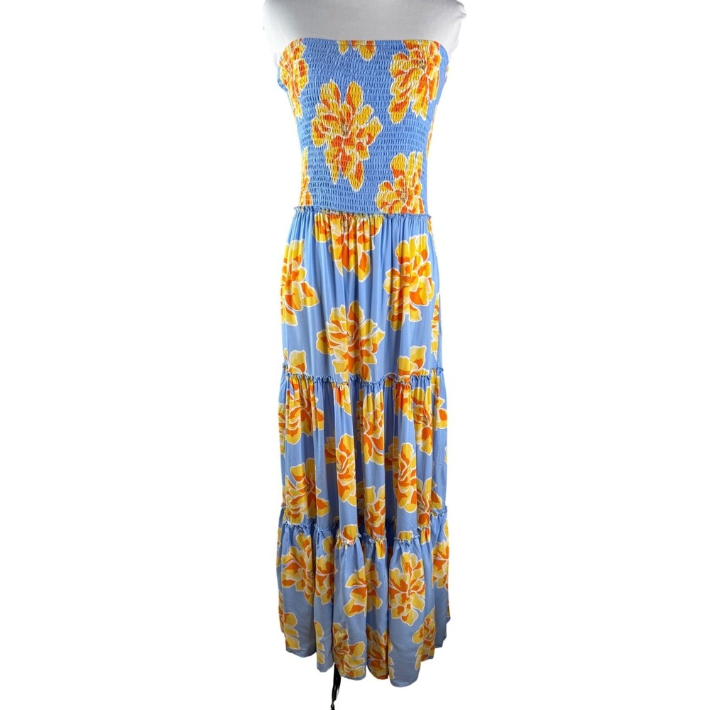 Abel The‎ Label Maxi Dress Womens L Blue Orange Floral Smocked Tiered Strapless